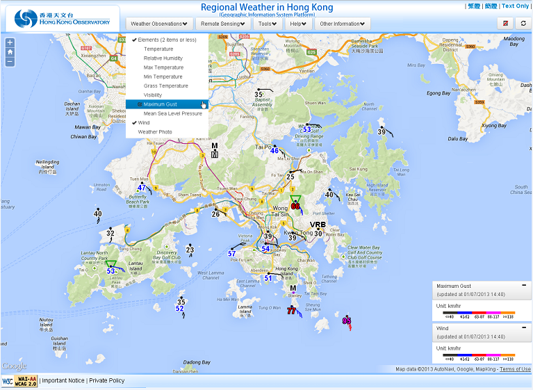 checking the wind gust and wind conditions over Hong Kong